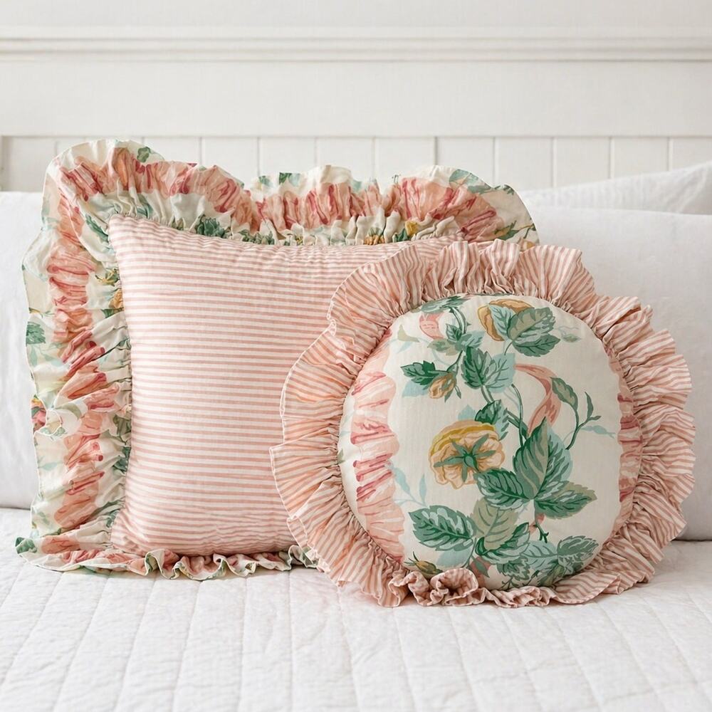 Vintage Cotton Sateen Floral Ruffle Pillow Set Pink Stripe Round Cottage Accent